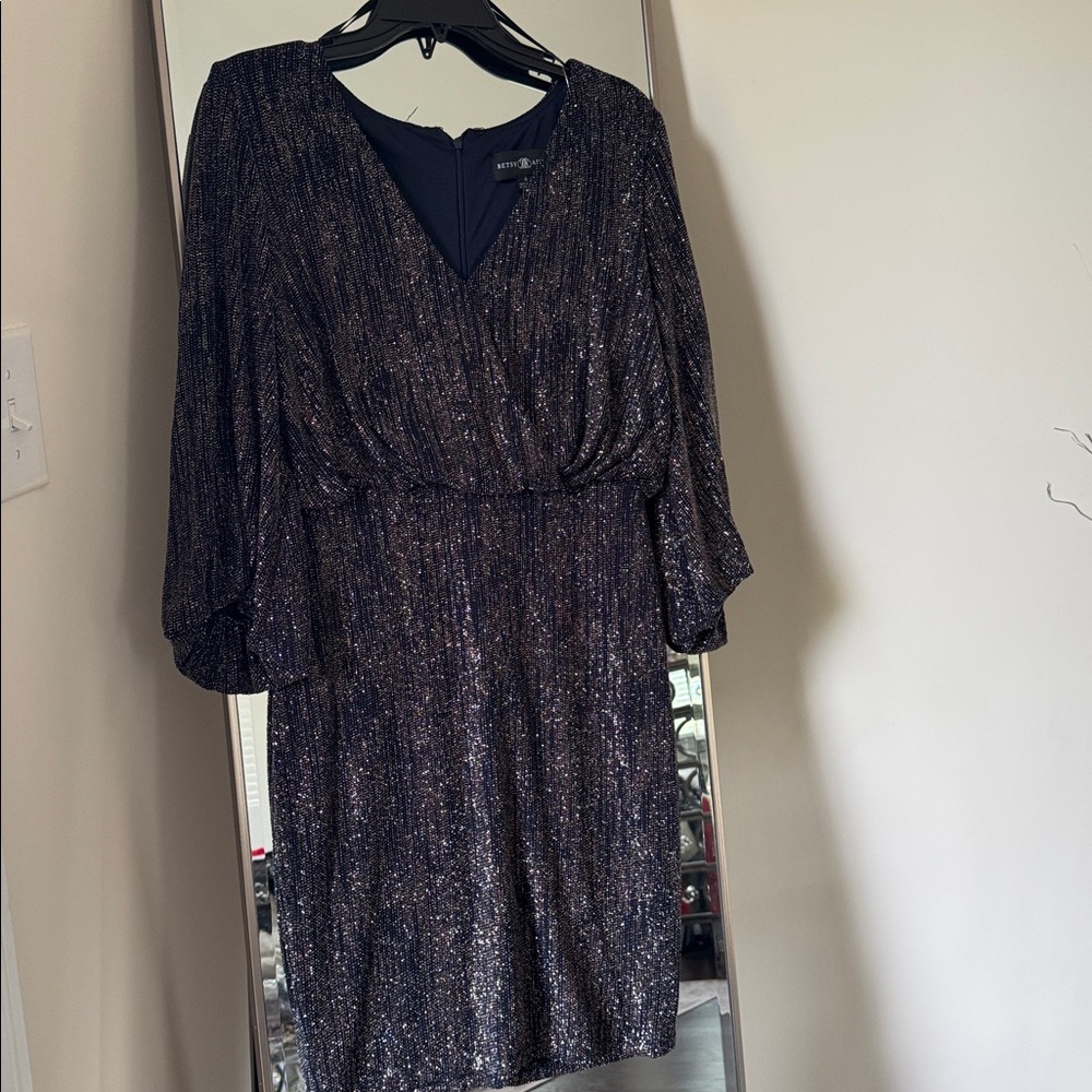Betsy & Adam Midnight Blue Gown with Glitter Accents. Brand New, Never Worn!